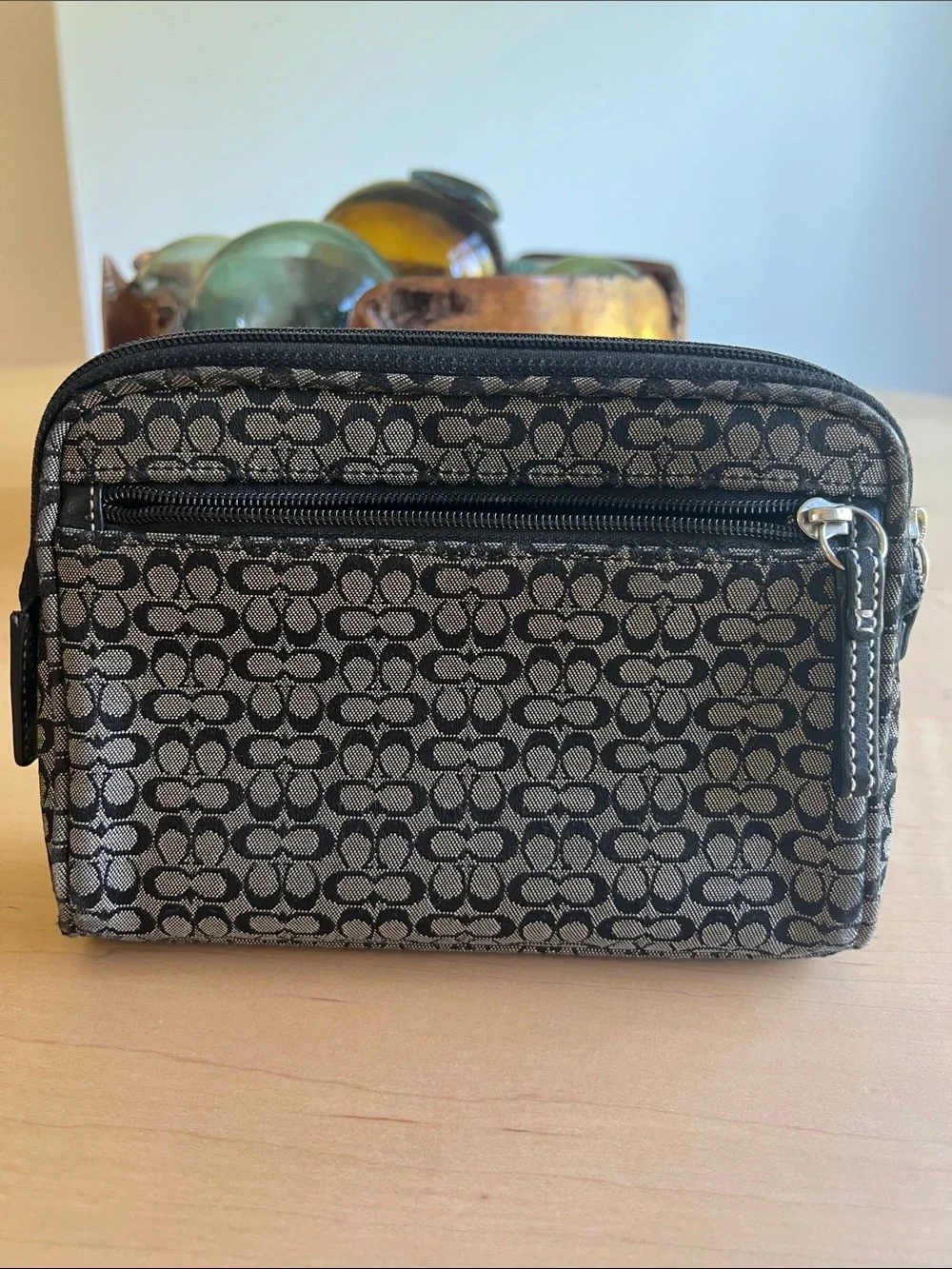 Vintage COACH Monogram Canvas Leather Trim Cosmetic Mini Zip Bag Black - Picture 3 of 11